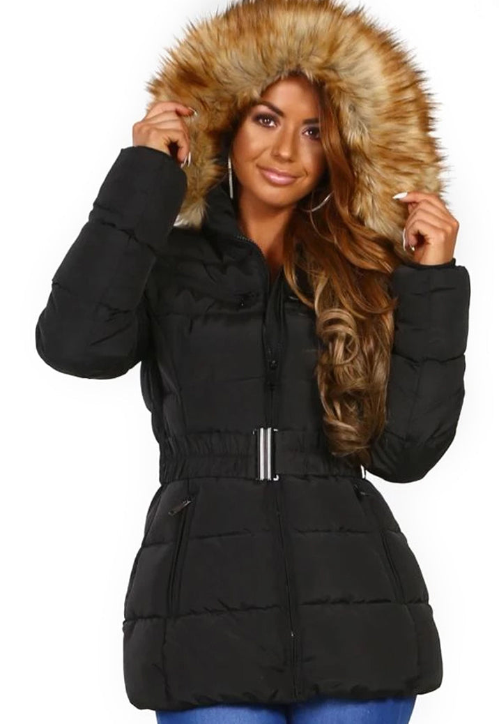 QUILTED BELTED BLACK FAUX FUR PADDED JACKET COAT – Miss Guilty