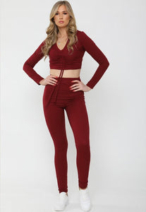 FRONT KNOT RIBBED FITTED LOUNGEWEAR SET - BURGUNDY