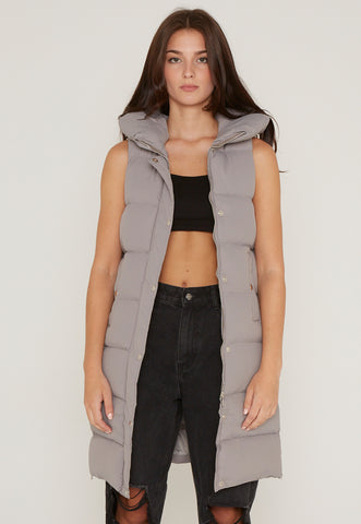 LONG PADDED HOODED PUFFER GILET - SILVER GREY