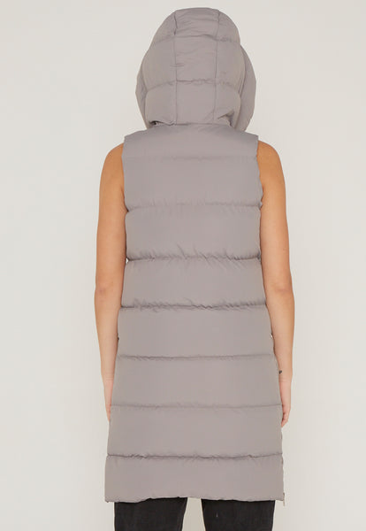 LONG PADDED HOODED PUFFER GILET - SILVER GREY
