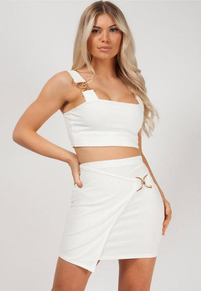 WRAP OVER GOLD BUCKLE SKIRT & CROP TOP CO-ORD SET - WHITE