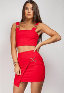 WRAP OVER GOLD BUCKLE SKIRT & CROP TOP CO-ORD SET - RED