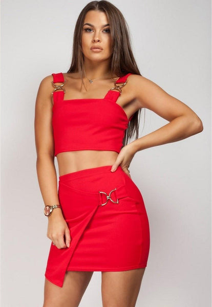 WRAP OVER GOLD BUCKLE SKIRT & CROP TOP CO-ORD SET - RED