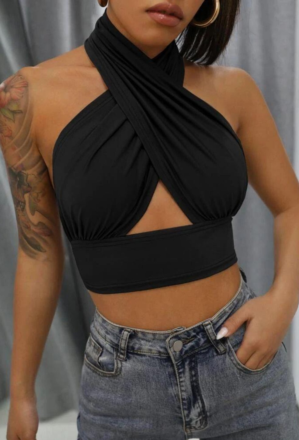 WRAP AROUND HALTER NECK CROP TOP - BLACK