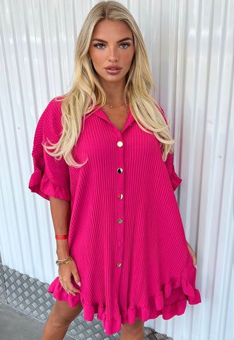 GOLD BUTTONED FRILL SMOCK DRESS - PINK