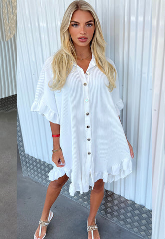GOLD BUTTONED FRILL SMOCK DRESS - WHITE