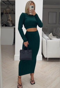 CABLE KNIT CROP TOP & MIDI SKIRT SET - TEAL