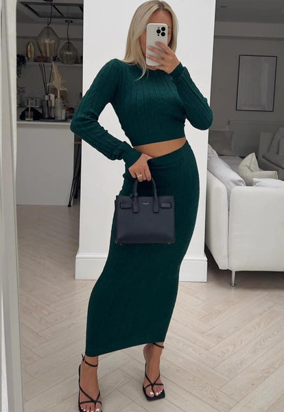 CABLE KNIT CROP TOP & MIDI SKIRT SET - TEAL