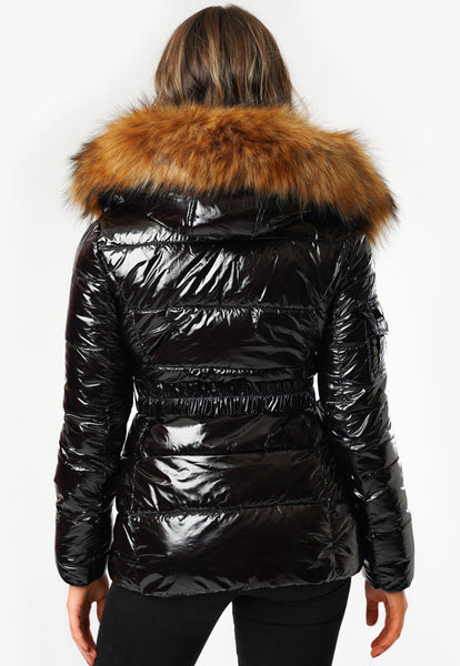 BELTED QUILTED TRIM FAUX FUR WET LOOK JACKET - BLACK