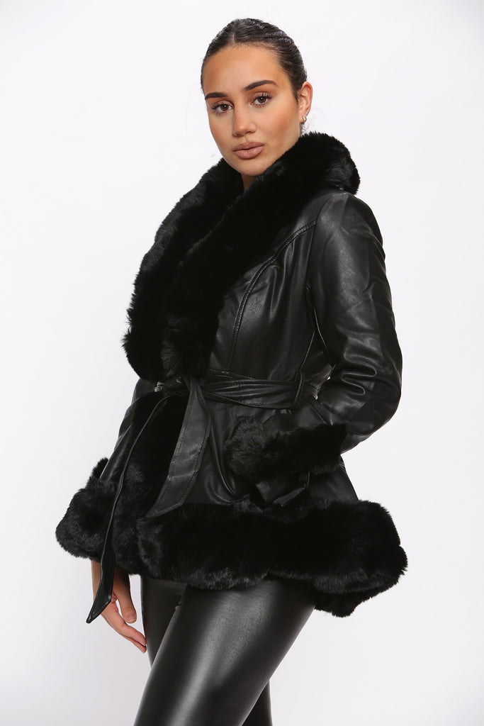 Black leather jacket with faux fur sale