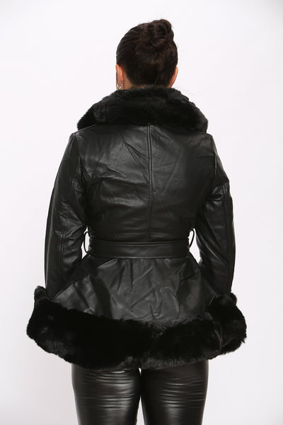 Belted coat with faux fur trim hood deals