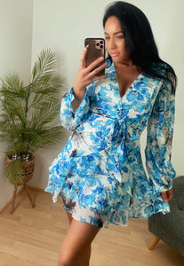 WRAP AROUND FLORAL BELTED DRESS - BLUE