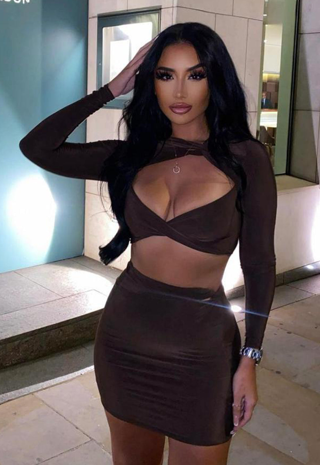 CUT OUT TWIST CROP TOP & SKIRTS SET - CHOCOLATE