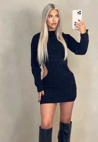 CABLE KNIT CUT OUT SIDES BODYCON JUMPER DRESS - BLACK
